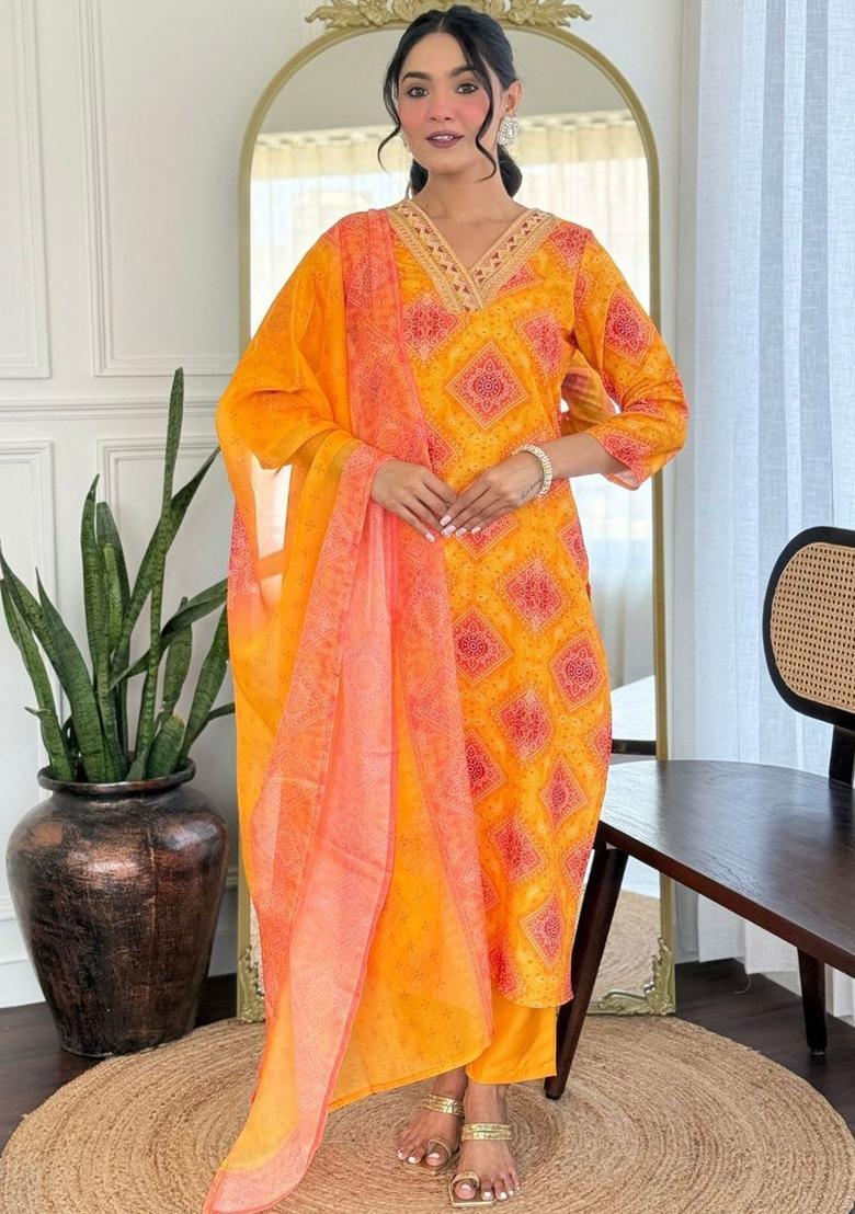 Yellow Printed Viscose Kurta Set - Indya