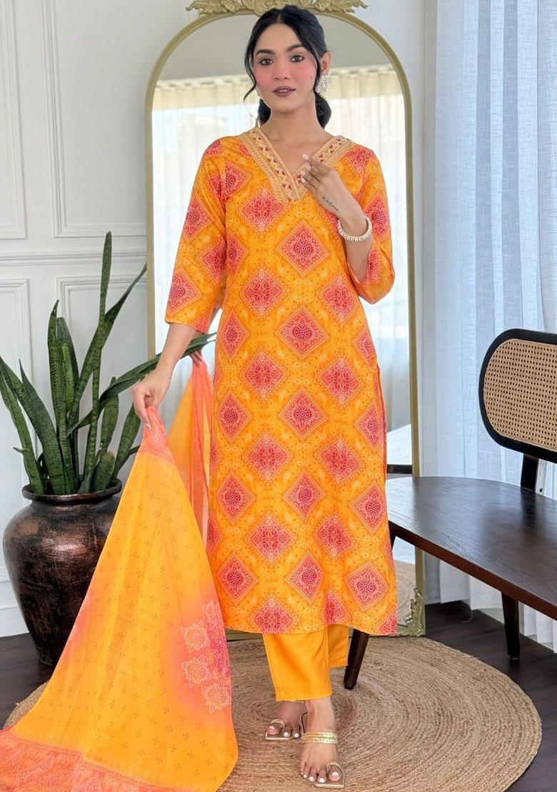 Yellow Printed Viscose Kurta Set - Indya