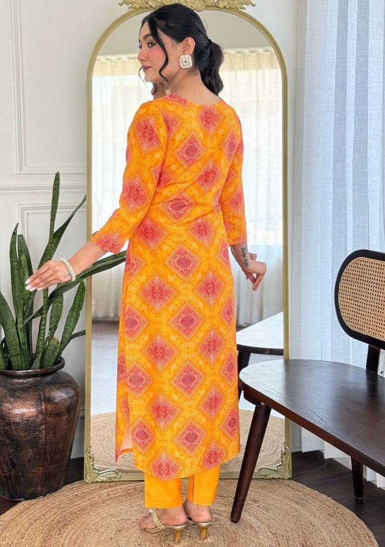 Yellow Printed Viscose Kurta Set - Indya