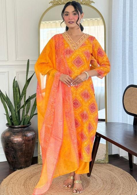 Yellow Printed Viscose Kurta Set