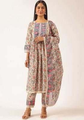 Beige Printed Cotton Kurta Set