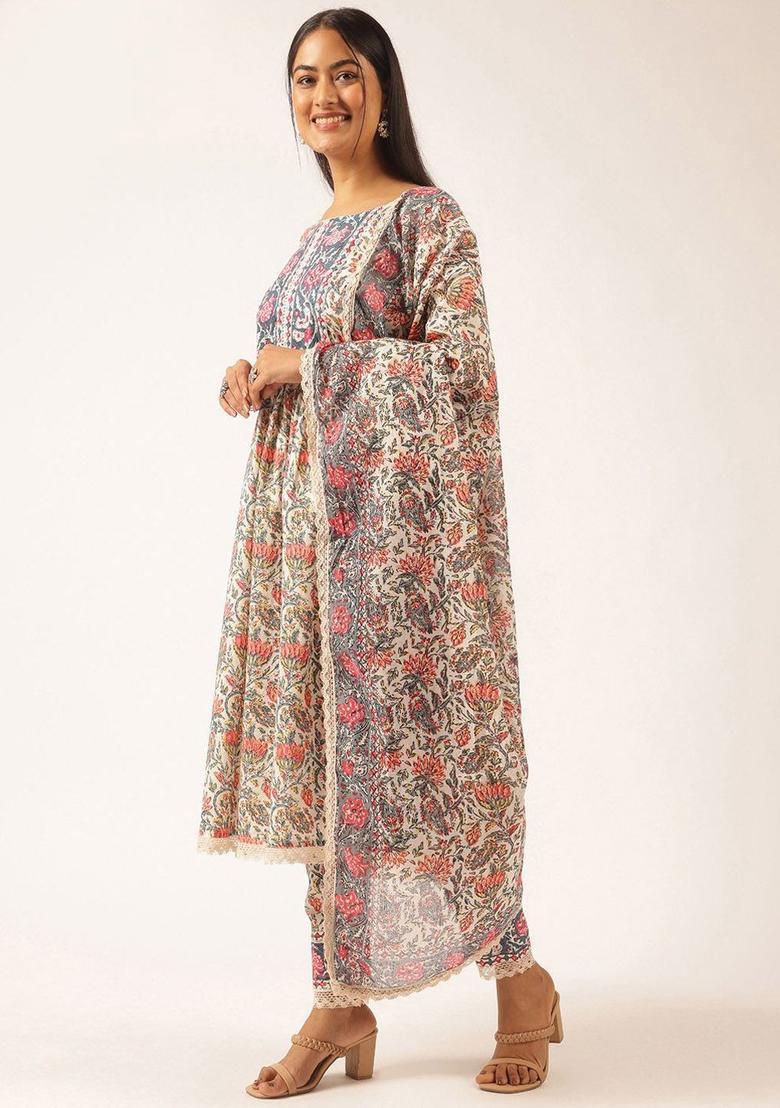 Beige Printed Cotton Kurta Set - Indya