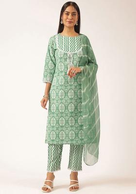 Sea Green Printed Cotton Kurta Set