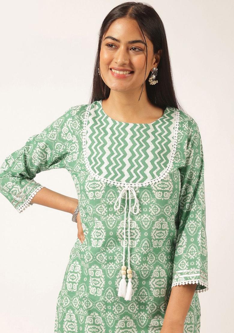 Sea Green Printed Cotton Kurta Set - Indya
