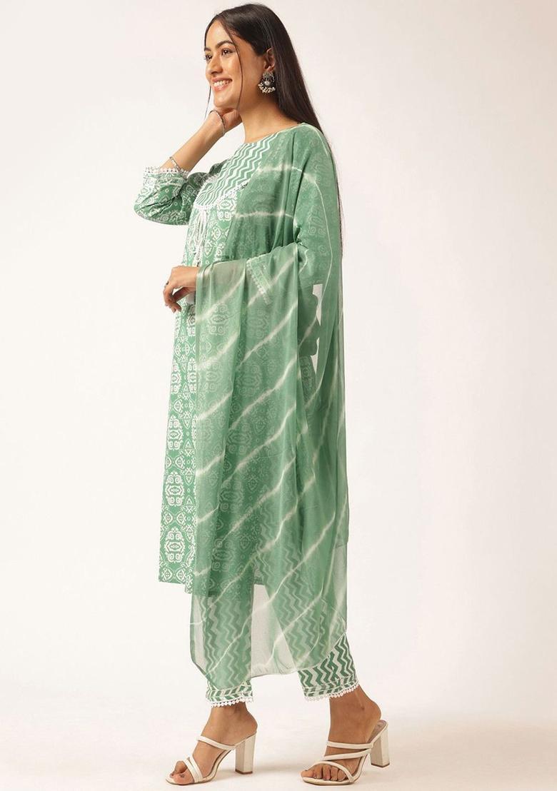 Sea Green Printed Cotton Kurta Set - Indya