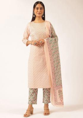 Peach Printed Cotton Kurta Set