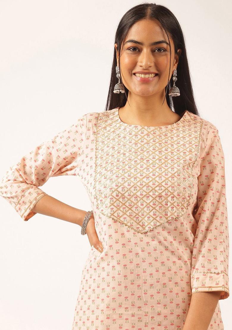 Peach Printed Cotton Kurta Set - Indya