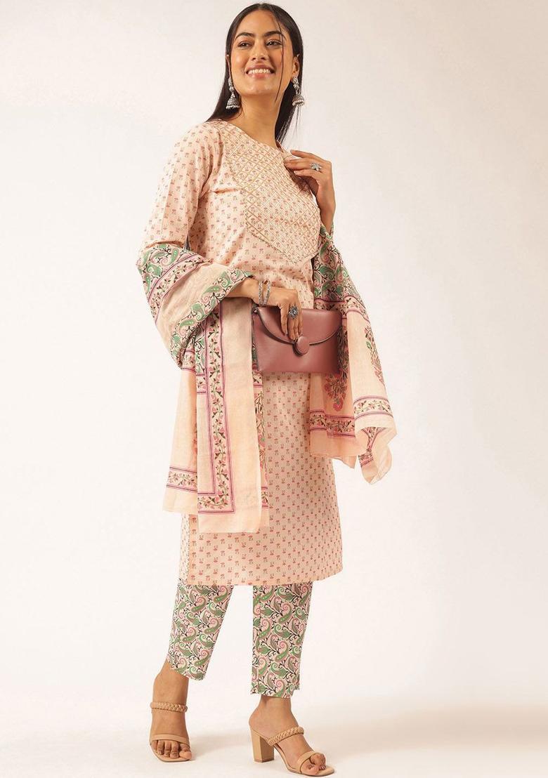 Peach Printed Cotton Kurta Set - Indya