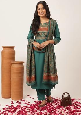 Teal Yoke Design Cotton Kurta Set