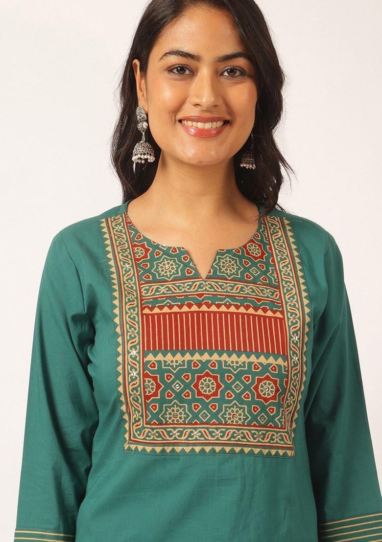 Teal Yoke Design Cotton Kurta Set - Indya