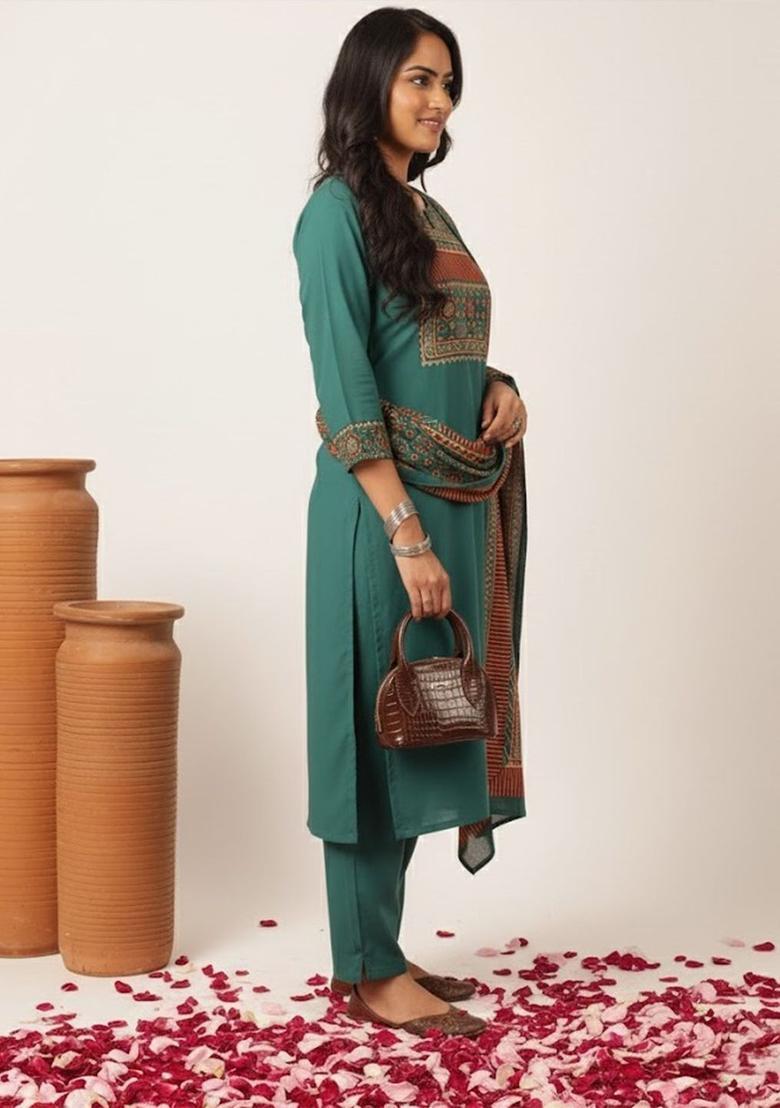 Teal Yoke Design Cotton Kurta Set - Indya