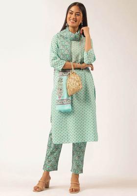 Turquoise Blue Printed Cotton Kurta Set