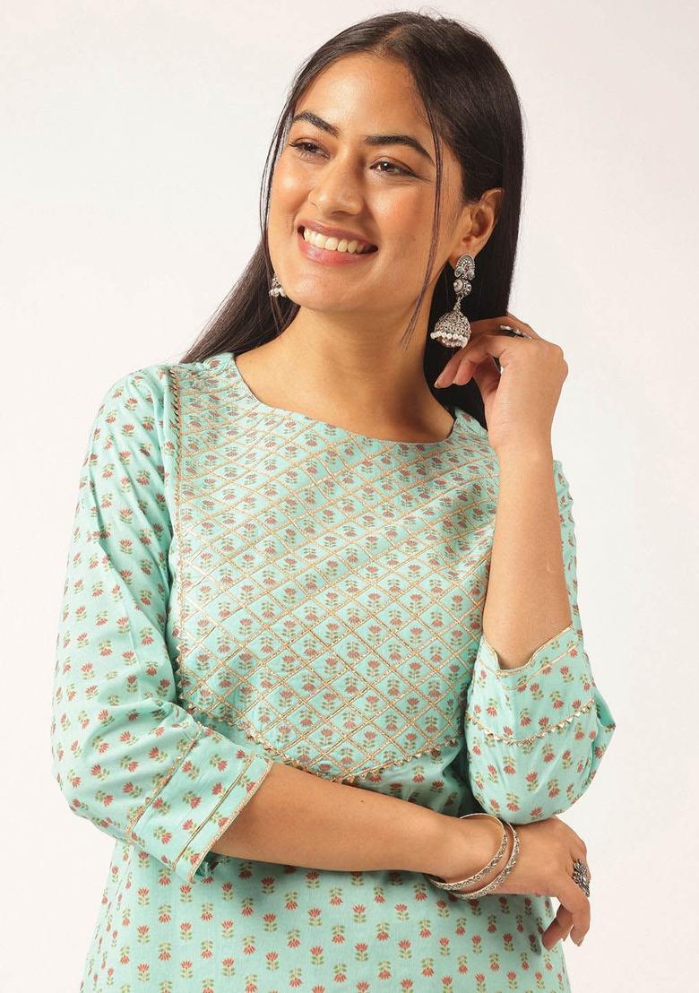 Turquoise Blue Printed Cotton Kurta Set - Indya