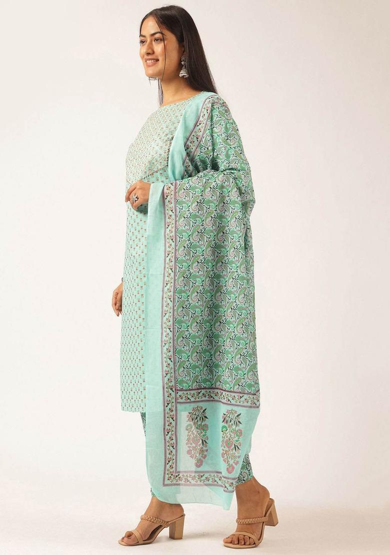 Turquoise Blue Printed Cotton Kurta Set - Indya