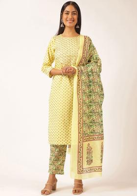 Yellow Printed Cotton Kurta Set