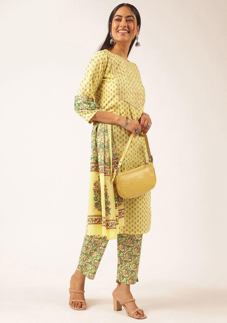 Yellow Printed Cotton Kurta Set - Indya
