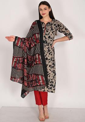 Beige Printed Cotton Kurta Set