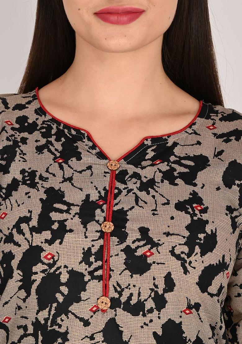 Beige Printed Cotton Kurta Set - Indya