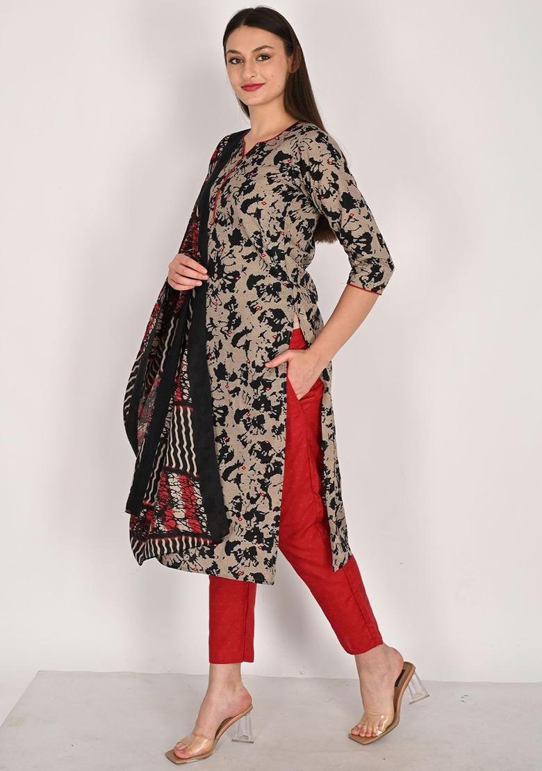 Beige Printed Cotton Kurta Set - Indya