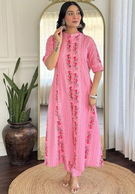 Peach Printed Viscose Kurta Set