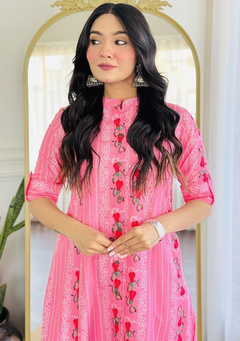 Peach Printed Viscose Kurta Set - Indya