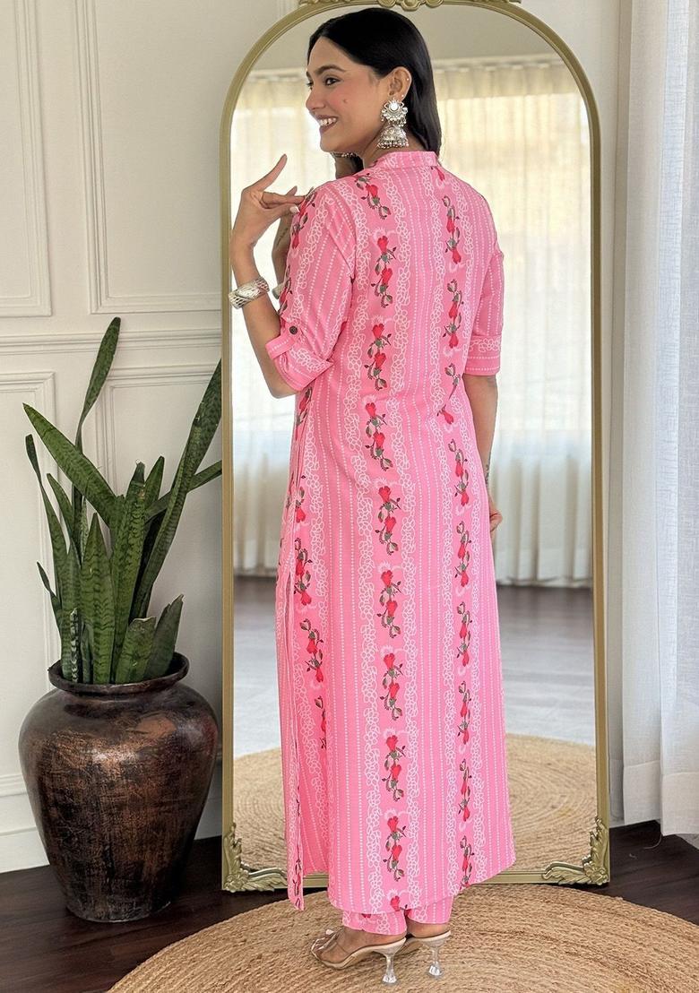 Peach Printed Viscose Kurta Set - Indya