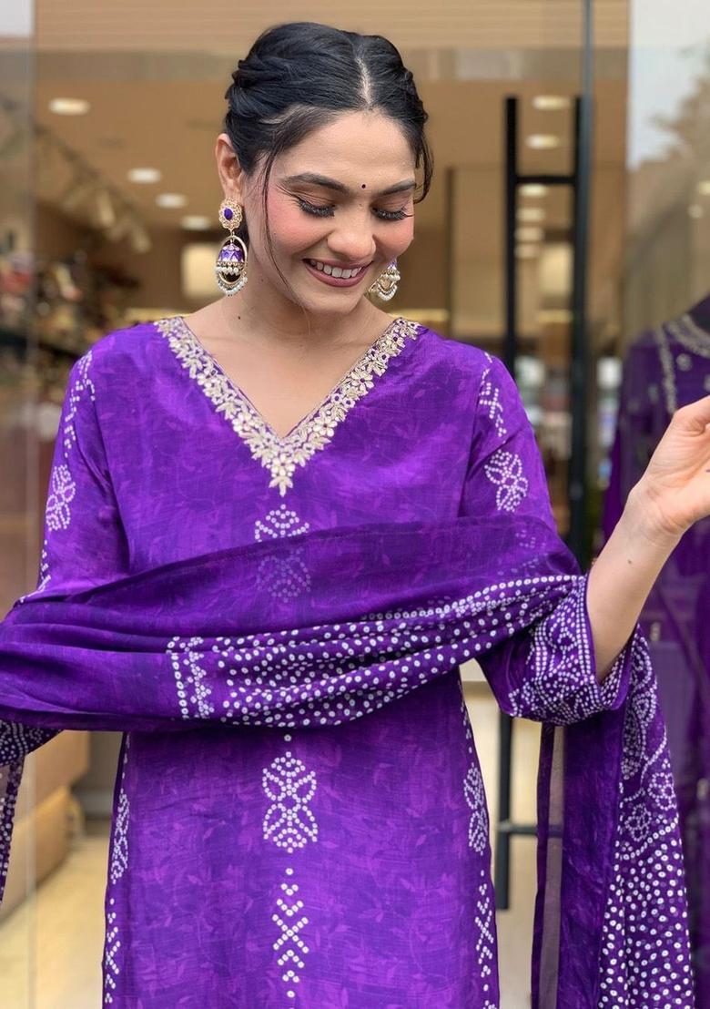 Purple Printed Silk Kurta Set - Indya