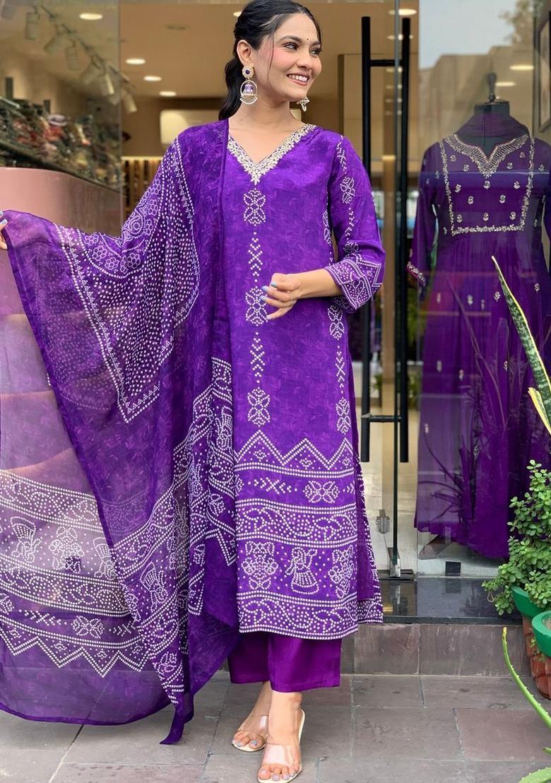 Purple Printed Silk Kurta Set - Indya