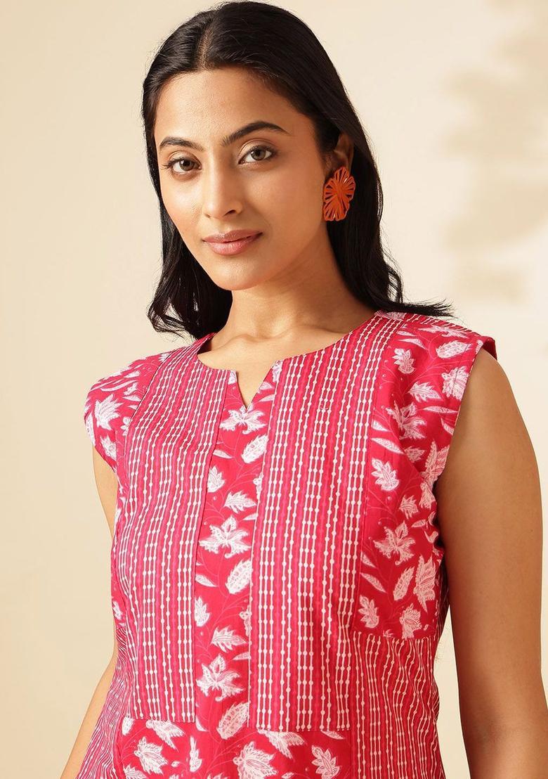 Pink Printed Cotton Kurta Set - Indya