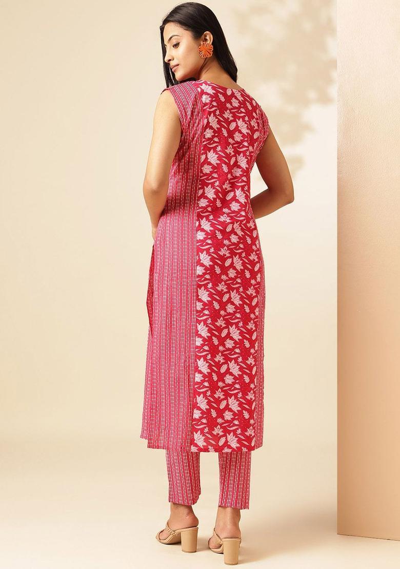 Pink Printed Cotton Kurta Set - Indya