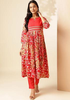Red Printed Cotton Kurta Set