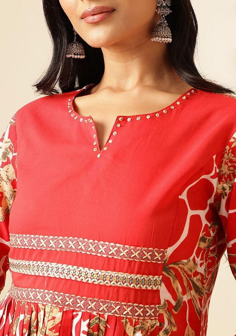Red Printed Cotton Kurta Set - Indya