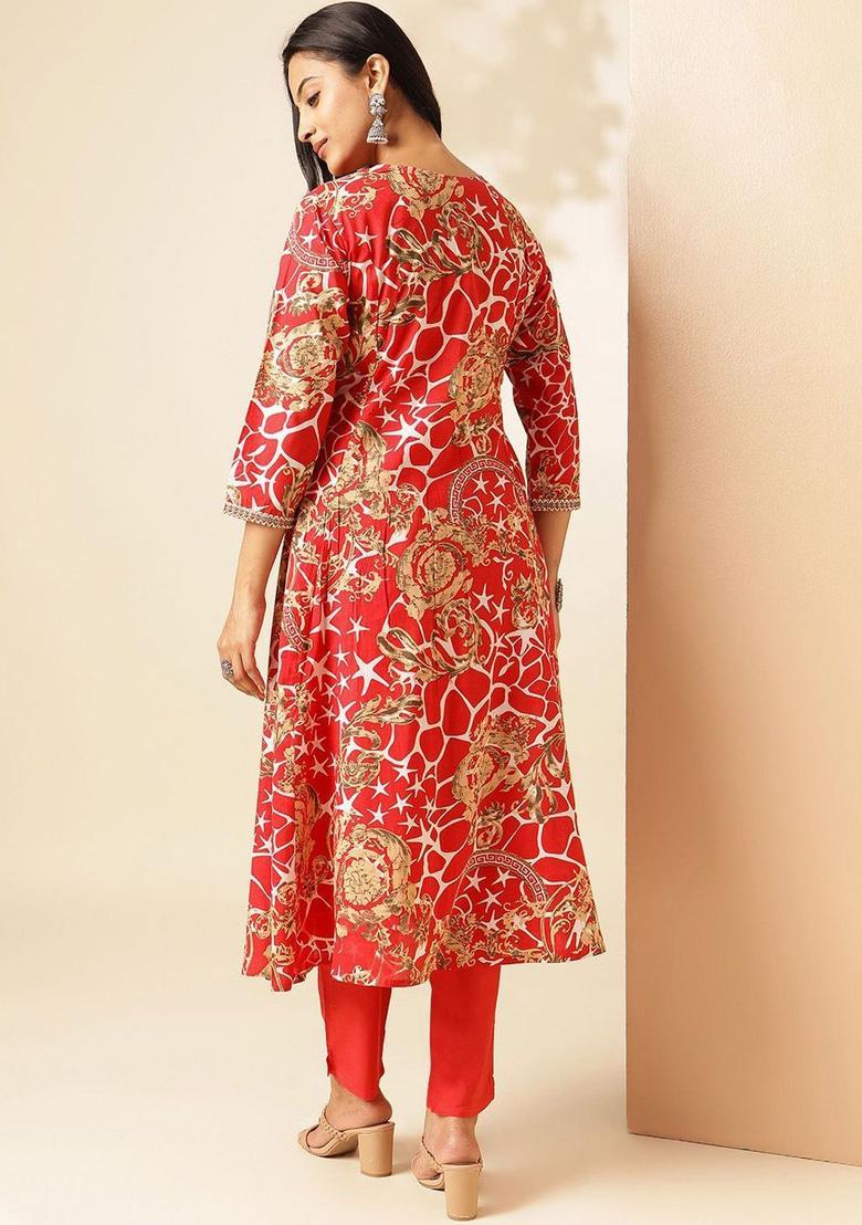 Red Printed Cotton Kurta Set - Indya