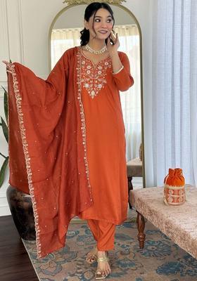 Orange Yoke Design Chinon Kurta Set