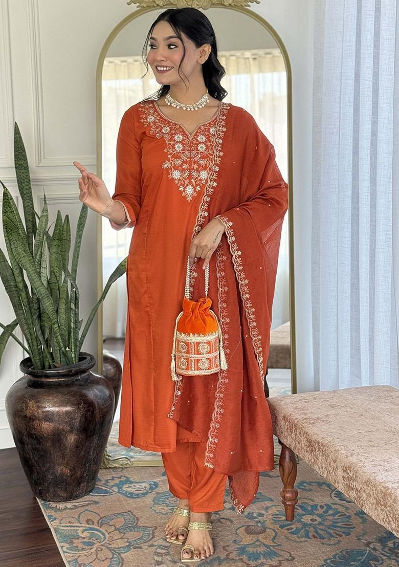 Orange Yoke Design Chinon Kurta Set - Indya