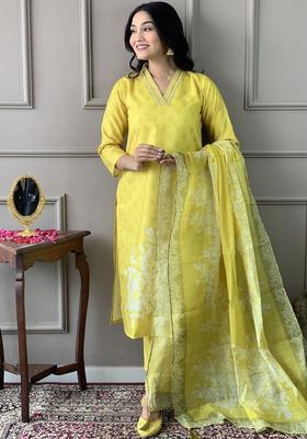 Yellow Printed Viscose Kurta Set