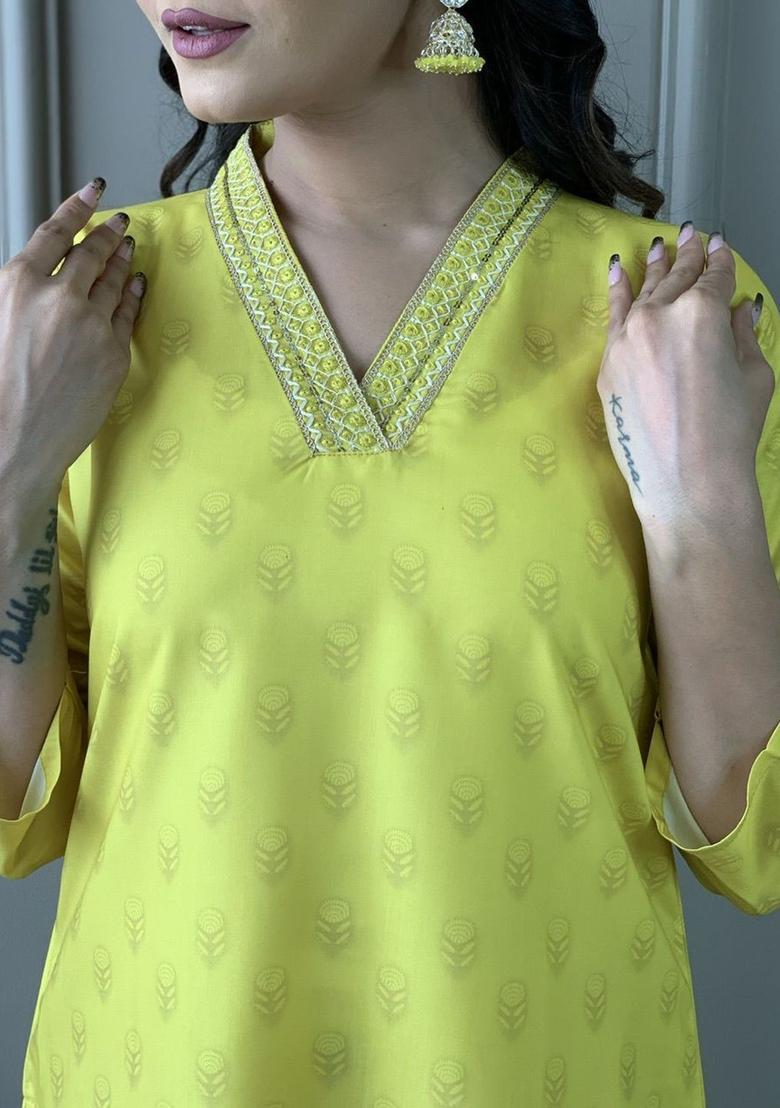 Yellow Printed Viscose Kurta Set - Indya