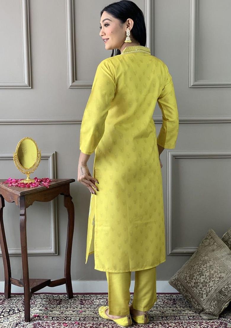 Yellow Printed Viscose Kurta Set - Indya