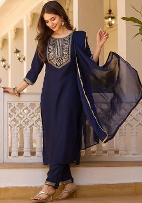 Navy Blue Yoke Design Viscose Kurta Set