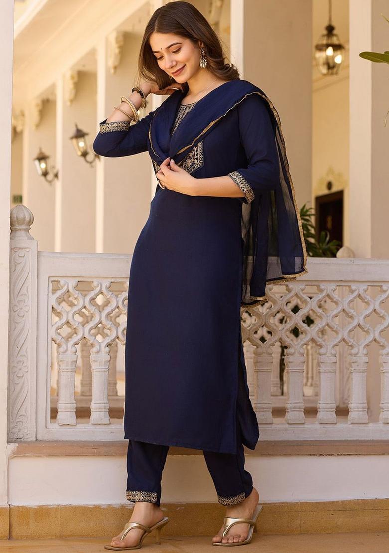 Navy Blue Yoke Design Viscose Kurta Set - Indya