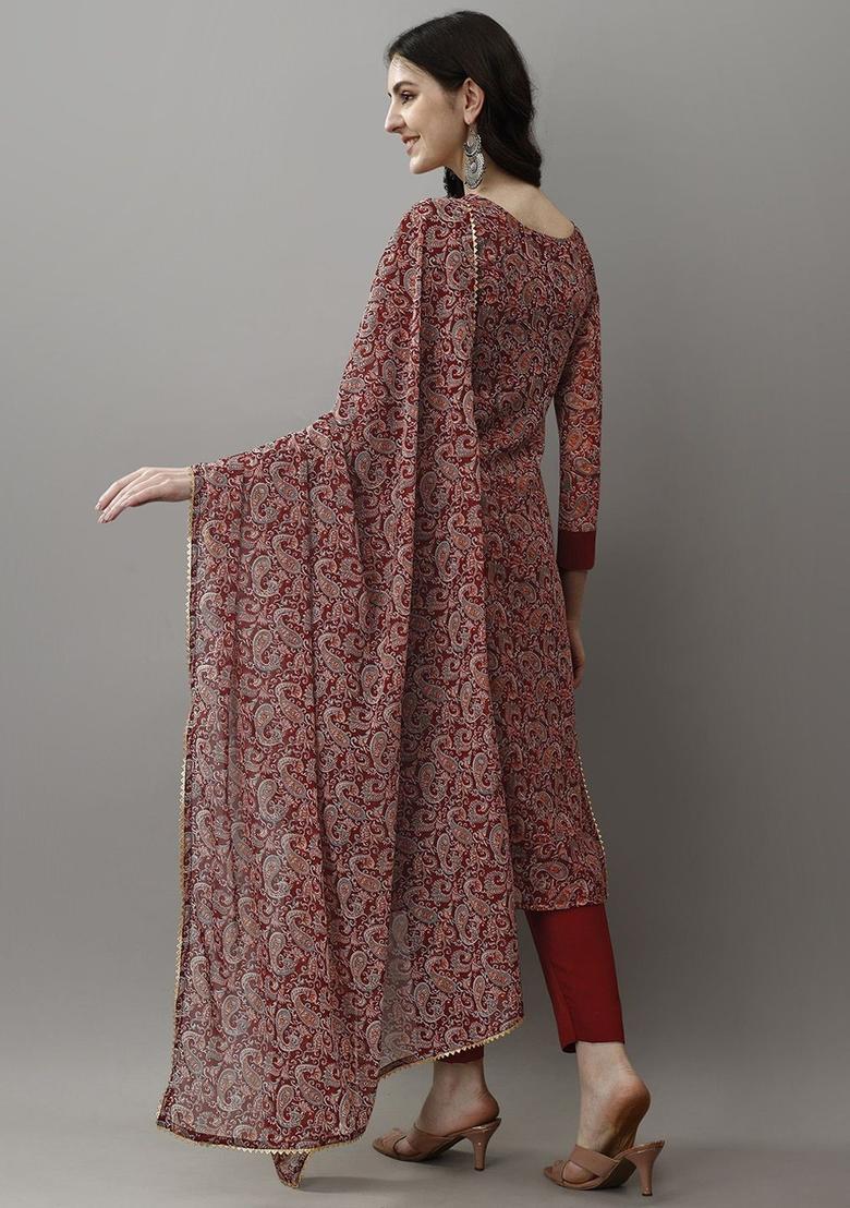 Maroon Printed Georgette Kurta Set - Indya