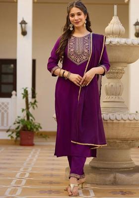 Purple Yoke Design Viscose Kurta Set