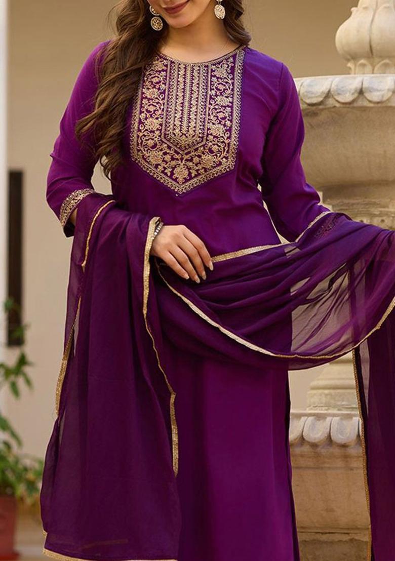 Purple Yoke Design Viscose Kurta Set - Indya