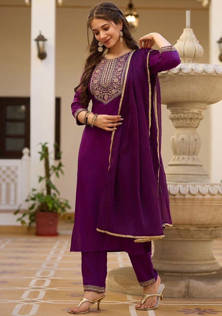 Purple Yoke Design Viscose Kurta Set - Indya