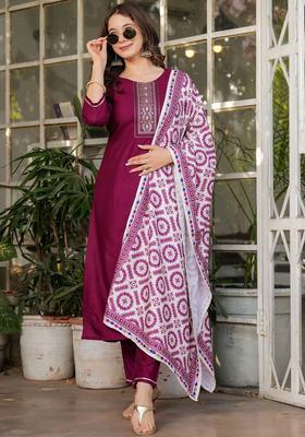 Maroon Embroidered Viscose Kurta Set