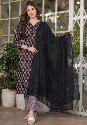 Black Printed Cotton Kurta Set