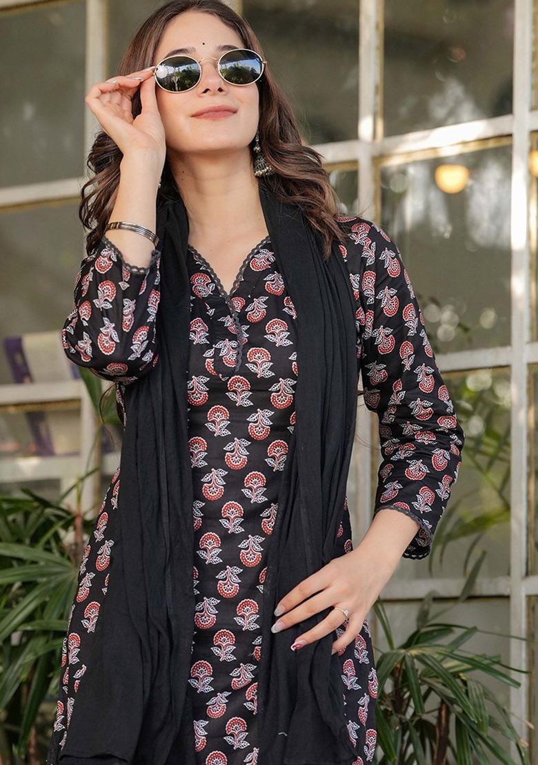 Black Printed Cotton Kurta Set - Indya