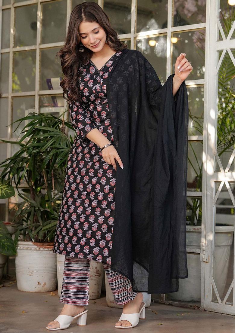 Black Printed Cotton Kurta Set - Indya
