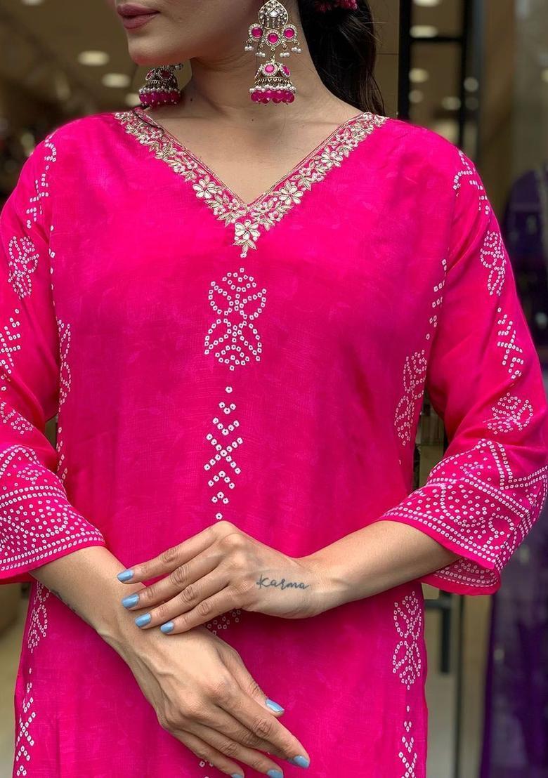Pink Printed Silk Kurta Set - Indya