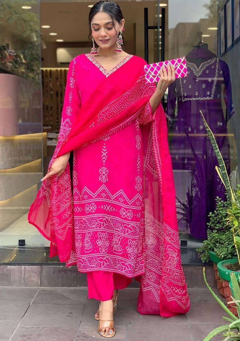 Pink Printed Silk Kurta Set - Indya